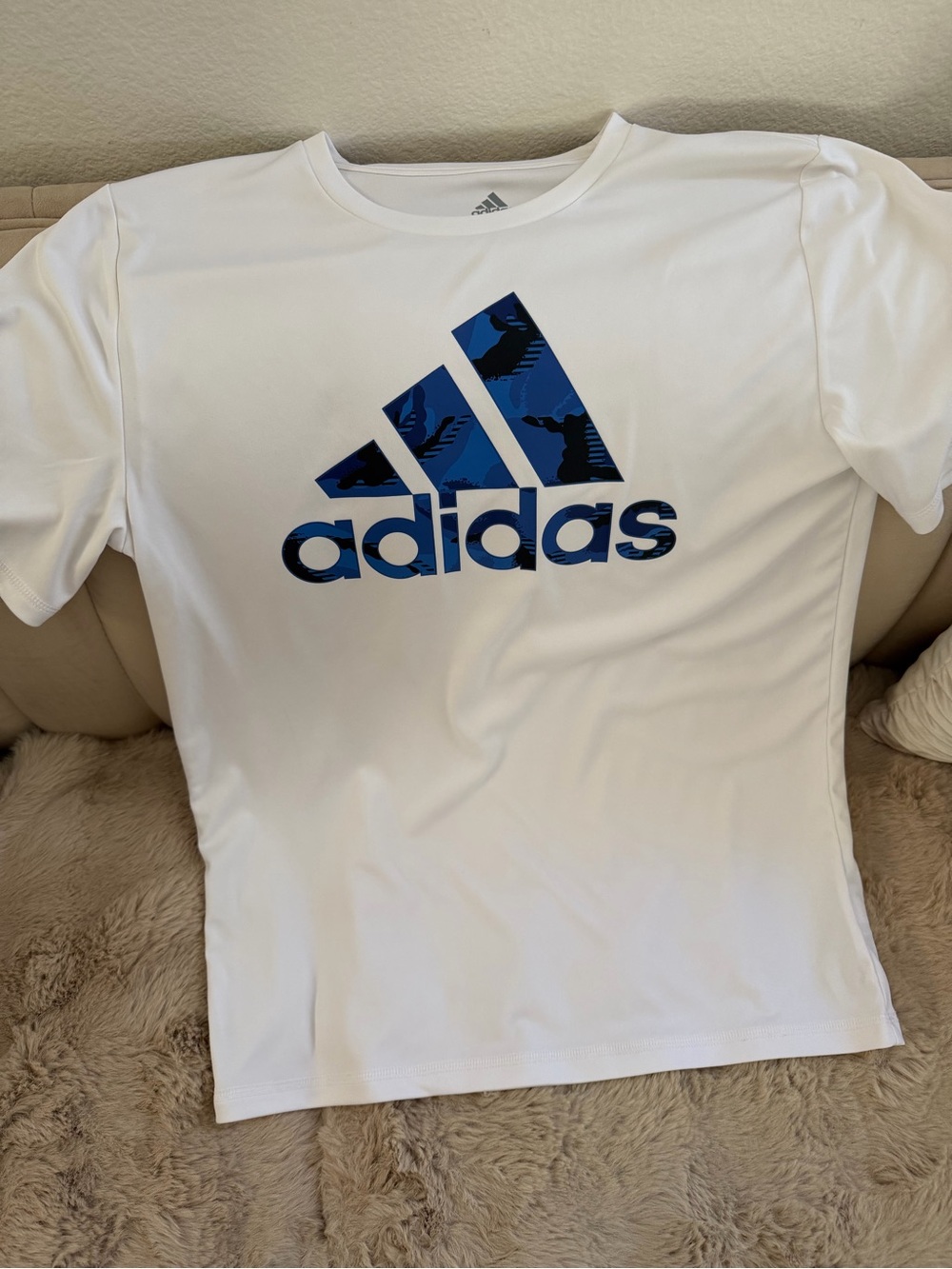adidas White Short-Sleeve Tee with Blue Logo Graphic 18/20